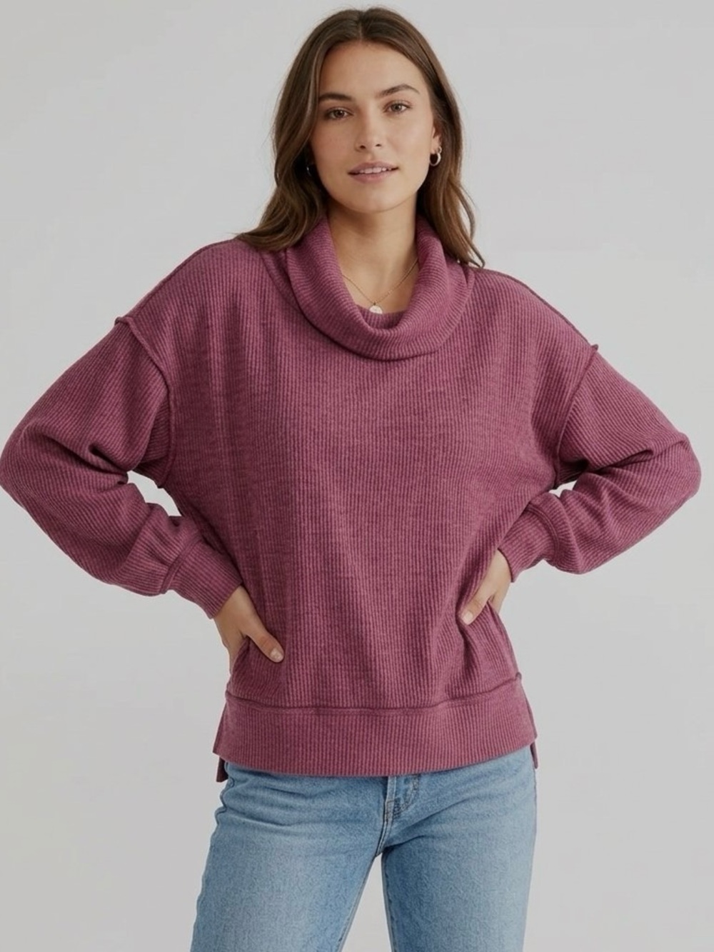 Free People We The Free Long Sleeve Cowl Neck‎ Ribbed Sweater Top, Mauve, Size S